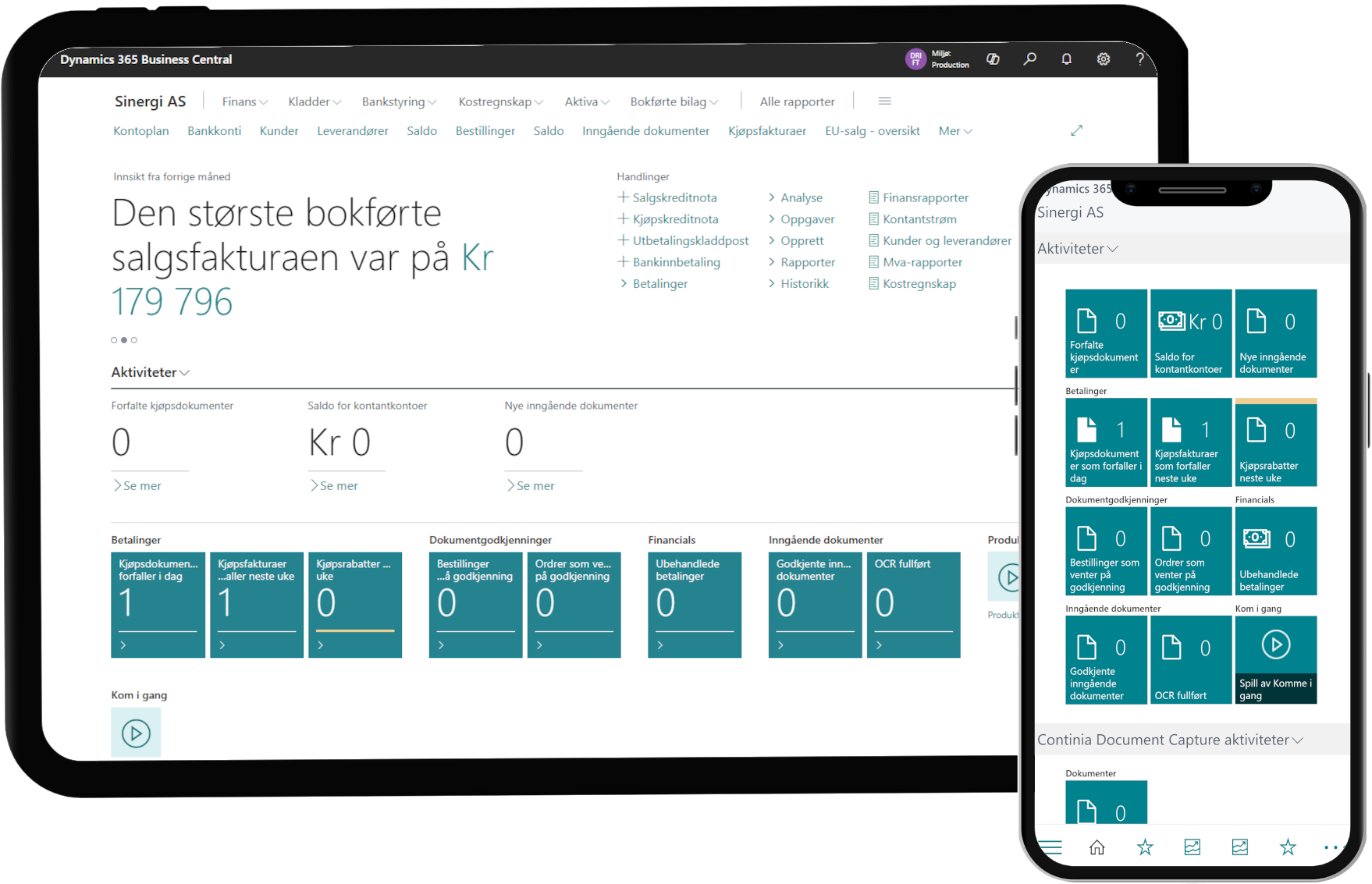 Dynamics 365 Business Central vist på PC og mobil med økonomi- og dokumentoversikt på norsk